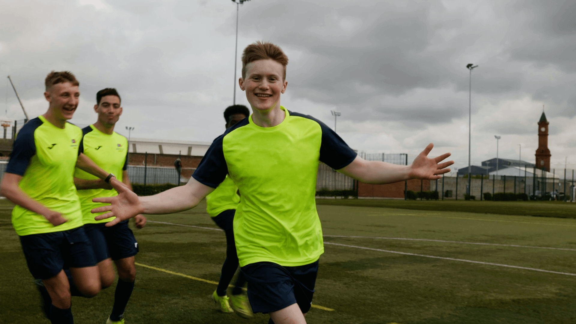 Middlesbrough College Football Academy video production - young footballers celebrating on the pitch, sports academy content Teesside