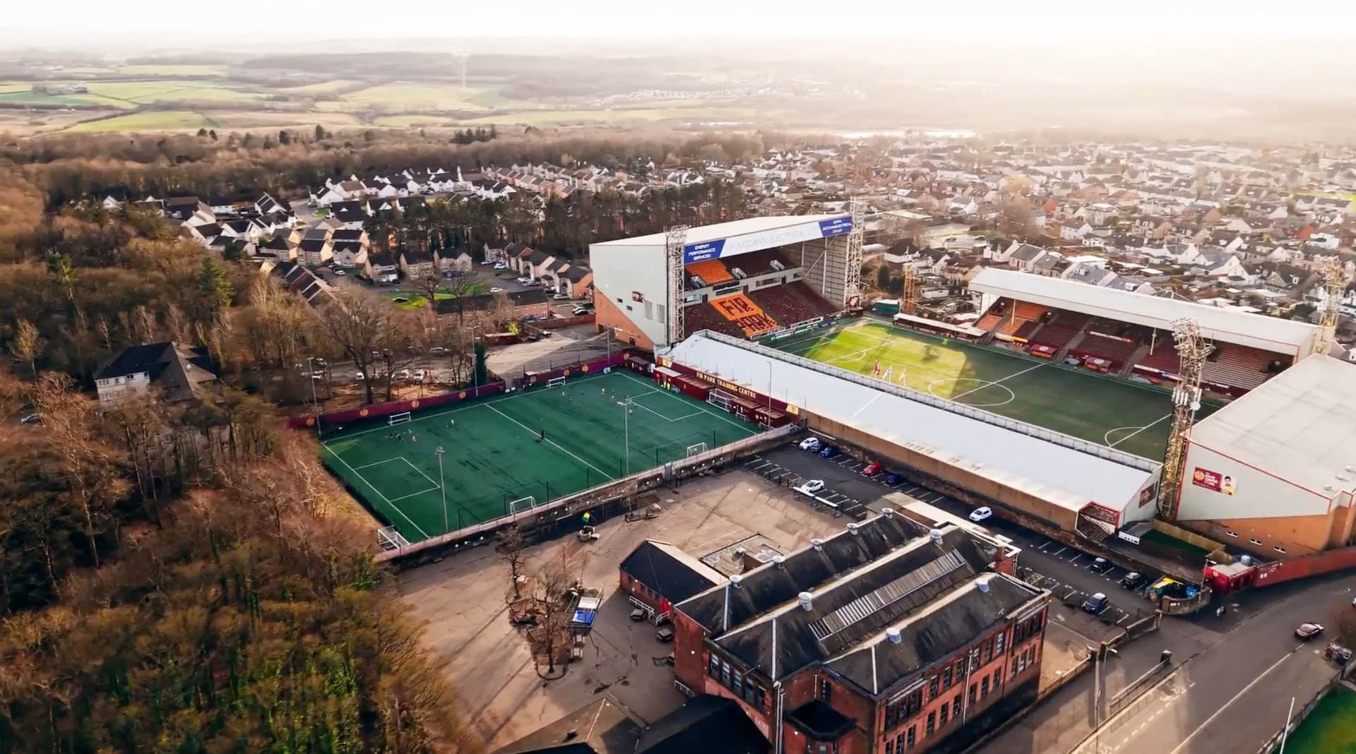 Motherwell FC Community Trust video production - aerial drone footage of Fir Park stadium, sports community content